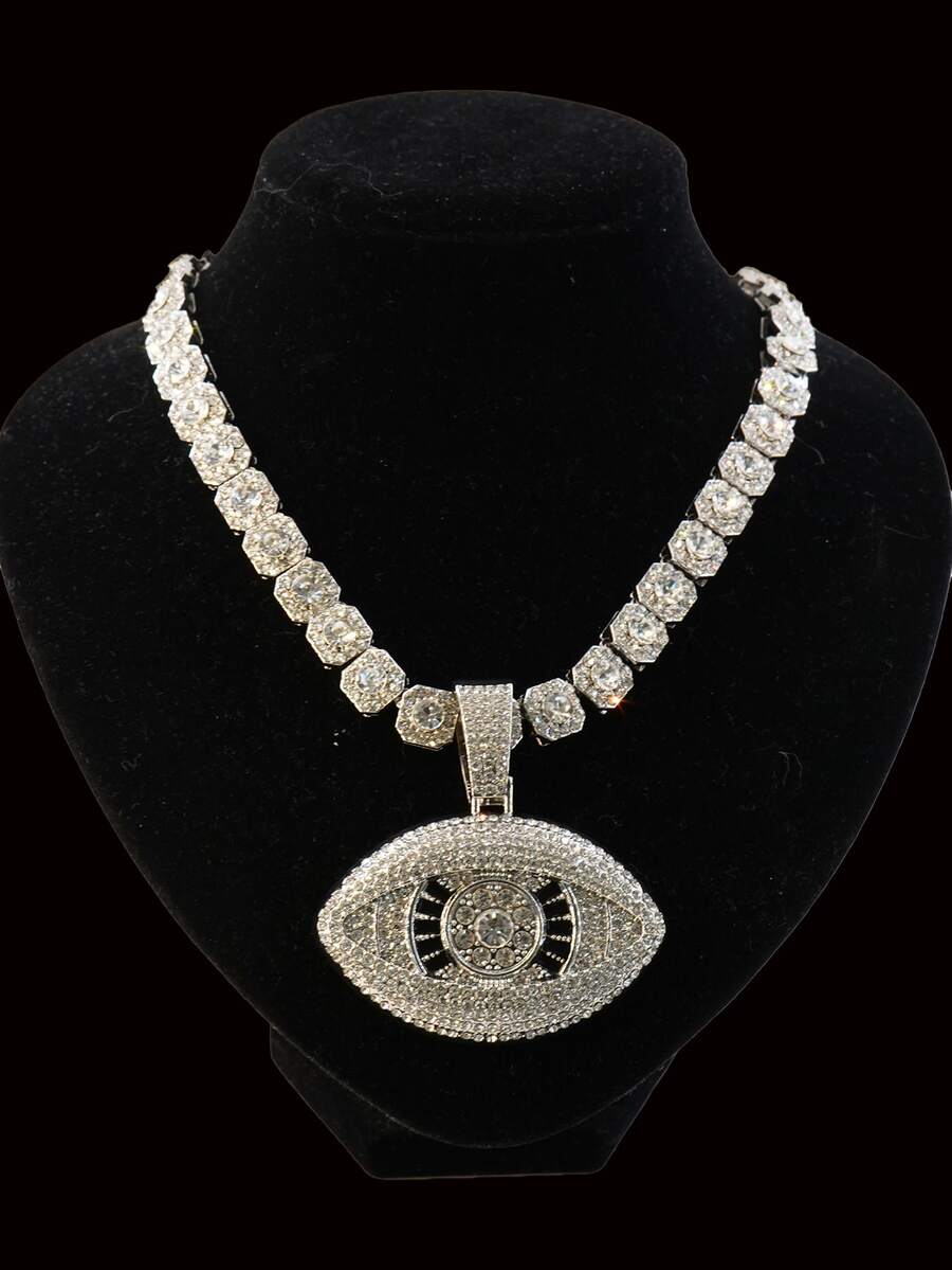 Bling Bling Devil's Eye Pendant Necklace Set, Cubic Zirconia Embellished Cuban Chain Necklace, Unisex Hip Hop Style