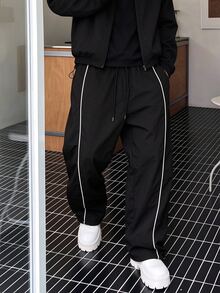 Men's Woven Sports Pants, Loose Fit, Elastic Drawstring Waist, White Trim, Fitness Streetwear Style, Black, Autumn Collection. Suitable As New Year Gift, Christmas Gift, Halloween Gift - Black - View 1