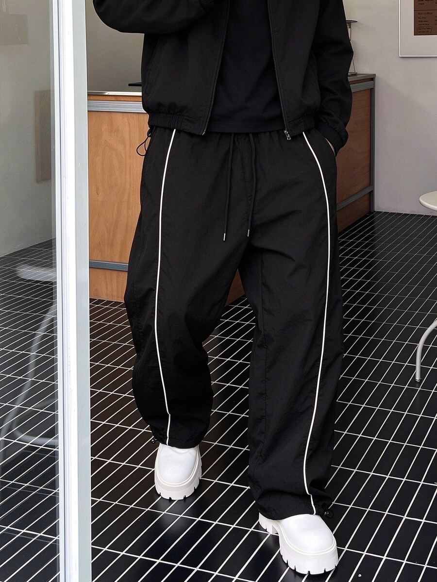 Men's Woven Sports Pants, Loose Fit, Elastic Drawstring Waist, White Trim, Fitness Streetwear Style, Black, Autumn Collection. Suitable As New Year Gift, Christmas Gift, Halloween Gift - Black - View 1