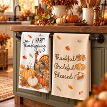 2pcs Turkey Pumpkin Pie Watercolor Pattern Thanksgiving Kitchen Towels, Rustic Country Style Rectangular Hand Towels, Tea Towels, Dish Cloths, Suitable For Autumn Kitchen Decor, Home Baking, Thanksgiving Dinner And Holiday Gifts - Multicolor - View 3