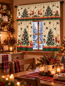 Set 3 Buah Tirai Dapur Tema Hutan Natal, Tirai Kafe Poliester Motif Rusa, Manusia Salju, Pohon Pinus, Krem Hijau Vintage dengan Valance yang Serasi, Panel Bertingkat dengan Kantong Batang Gaya Pedesaan untuk Dekorasi Jendela Dapur Rumah Pertanian Saat Liburan - E - View 5