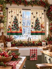 Set 3 Buah Tirai Dapur Tema Hutan Natal, Tirai Kafe Poliester Motif Rusa, Manusia Salju, Pohon Pinus, Krem Hijau Vintage dengan Valance yang Serasi, Panel Bertingkat dengan Kantong Batang Gaya Pedesaan untuk Dekorasi Jendela Dapur Rumah Pertanian Saat Liburan - E - View 11