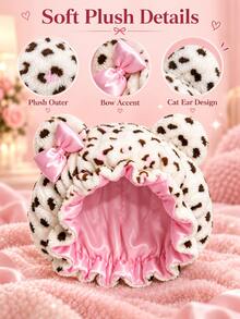 Leopard Print Plush Satin Lined Women's Sleep Cap, Cute Cat Ear Bow Hair Bonnet, Adjustable Elastic Band, Soft Night Cap, Suitable For Curly, Natural, Long And Thick Hair, Home Hair Care Sleep Cap - Multicolor - View 4
