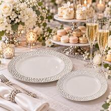 10/20/25pcs (7.5 Inch/10.25 Inch) White Base Silver Rim Plates, Multiple Set Options, Kitchen Tableware, High Quality Appetizer Plates, Easy To Clean, Suitable For Serving Dishes, Fruits, Salads, Desserts, Appetizers, Also Used For Halloween And Christmas Parties. - White - View 9