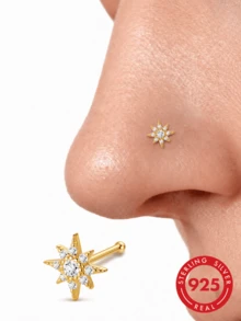 1 buah anting hidung berbentuk bintang segi delapan L dari perak sterling 925, perhiasan tindik hidung hipoalergenik, cincin hidung, unisex, cocok untuk pemakaian sehari-hari dan sebagai hadiah. - Emas - View 2