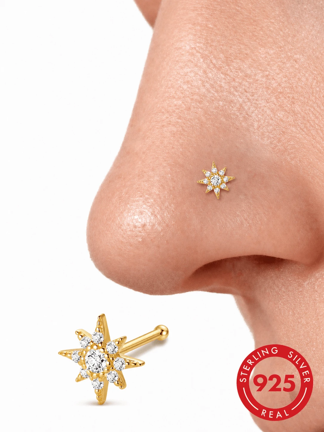 1 buah anting hidung berbentuk bintang segi delapan L dari perak sterling 925, perhiasan tindik hidung hipoalergenik, cincin hidung, unisex, cocok untuk pemakaian sehari-hari dan sebagai hadiah.