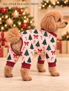 1pc Christmas Dog Pajamas, Pink Christmas Tree, Bow And Candy Cane Print Four-Legged Pet , Red Ribbed Cuffs, Holiday Dog Clothes And Indoor Sleepwear, Suitable For Small To Medium Dogs, M/L Size - Pink - View 2