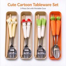4pcs Carrot Ceramic Handle Portable Cutlery Set, Stainless Steel Chopsticks, Spoon, Fork, Box, Convenient For Students, Office, Outdoor - Orange - View 2