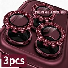 CASECOPS 3Packs/1Set Burgundy Shiny Rhinestone Camera Lens Protector, Dustproof, Shockproof, Scratch-Resistant, Anti-Collision, No-Trace, Advanced Adhesive, Not Easy To Fall Off, Compatible With IPhone Duo/18 Pro/18 Pro Max Models, 9H+ Hardness Tempered Glass, High Definition Quality, Halloween Gifts - Red Violet - View 7