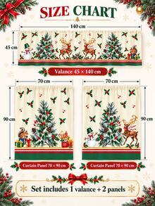 Set 3 Buah Tirai Dapur Tema Hutan Natal, Tirai Kafe Poliester Motif Rusa, Manusia Salju, Pohon Pinus, Krem Hijau Vintage dengan Valance yang Serasi, Panel Bertingkat dengan Kantong Batang Gaya Pedesaan untuk Dekorasi Jendela Dapur Rumah Pertanian Saat Liburan - E - View 8