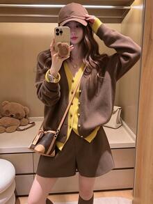 Women's Patchwork Contrast Color 2 In 1 Long Sleeve Button-Up Cardigan, Loose V-Neck Knit Sweater Outerwear Top - Brown - View 2