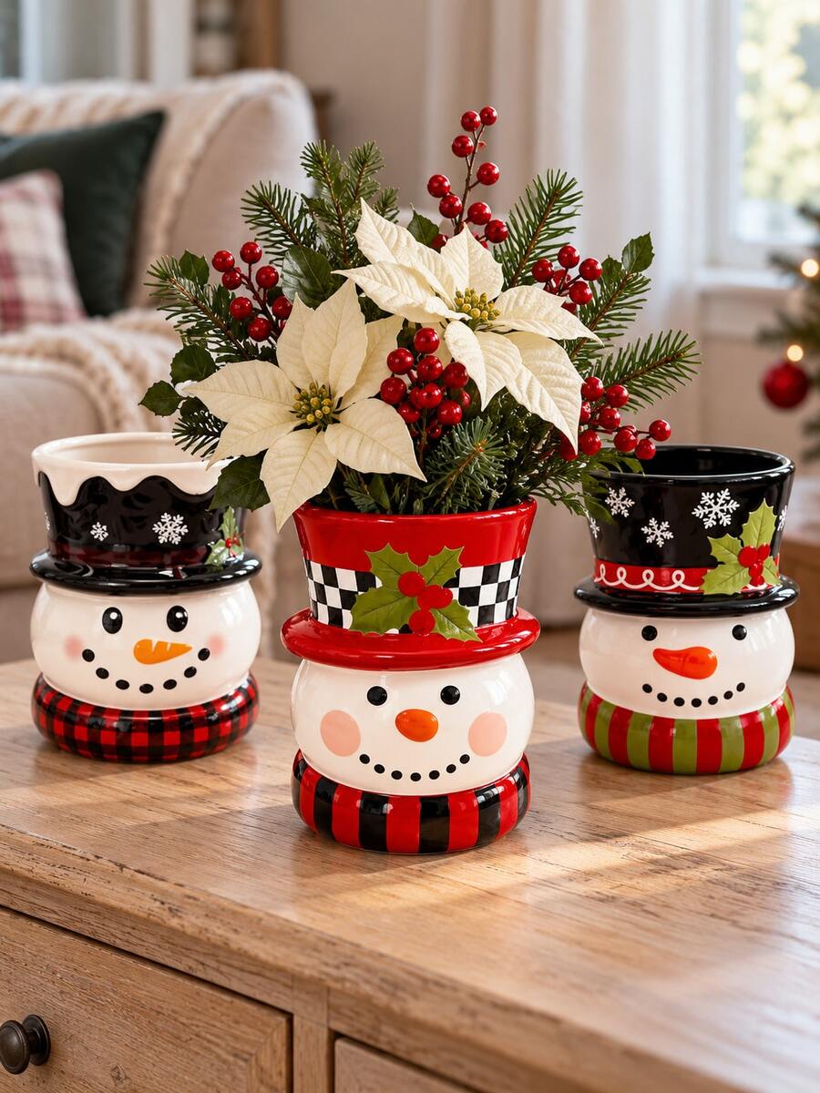 1pc Cute Christmas Snowman Vase, Winter Holiday Floral Centerpiece For Dining Table, Shelf & Fireplace Mantel - A - View 1
