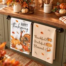 2pcs Turkey Pumpkin Pie Watercolor Pattern Thanksgiving Kitchen Towels, Rustic Country Style Rectangular Hand Towels, Tea Towels, Dish Cloths, Suitable For Autumn Kitchen Decor, Home Baking, Thanksgiving Dinner And Holiday Gifts - Multicolor - View 4