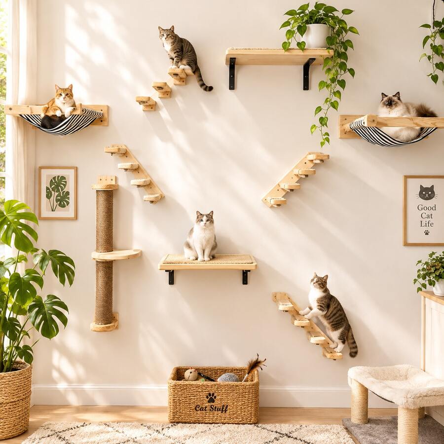 1pc Wall Mounted Cat Climbing Frame And Perch, Cat Hammock, Cat Ladder, Cat Scratching Post, Indoor Cat Wall Shelf For Playing, Climbing, Resting, Max Load 12kg/26lb