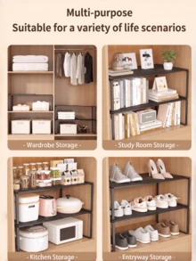 1 kệ tủ quần áo bằng kim loại có thể xếp chồng và mở rộng, lưới thép đen, giá phân tầng không cần lắp ráp cho tủ quần áo, lưu trữ tiết kiệm không gian - Nhiều màu - Xem 4