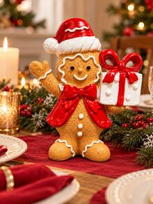 Christmas Gingerbread Man Figurine With Gift Box, Cute Santa Hat Holiday Decoration, Festive Tabletop Decor For Home, Mantel, Shelf, Christmas Party Display And Winter Holiday Accent - Gingerbread Man - View 7