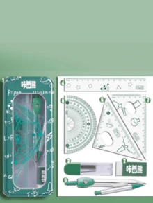 Bộ 2 món compa và thước kẻ, thước ê-ke tam giác, thước thẳng, thước vuông, thước vẽ đa năng và thước đo độ cho học sinh tiểu học - Nhiều màu - Xem 6