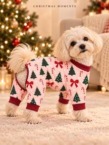 1pc Christmas Dog Pajamas, Pink Christmas Tree, Bow And Candy Cane Print Four-Legged Pet , Red Ribbed Cuffs, Holiday Dog Clothes And Indoor Sleepwear, Suitable For Small To Medium Dogs, M/L Size - Pink - View 6