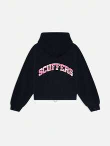 Scuffers هودي بطباعة جرافيك على الظهر مع تصميم حروف ريترو، سويت شيرت فضفاض بدون سحاب، ملابس علوية بأسلوب ستريت وير كاجوال للرجال للإطلالات اليومية - الأسود - مشاهدة 1