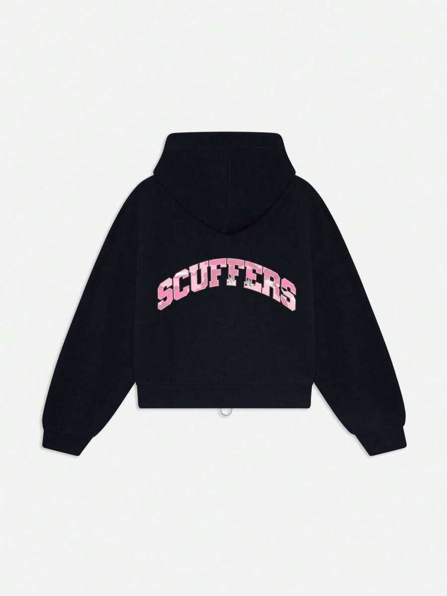 Scuffers هودي بطباعة جرافيك على الظهر مع تصميم حروف ريترو، سويت شيرت فضفاض بدون سحاب، ملابس علوية بأسلوب ستريت وير كاجوال للرجال للإطلالات اليومية - الأسود - مشاهدة 1