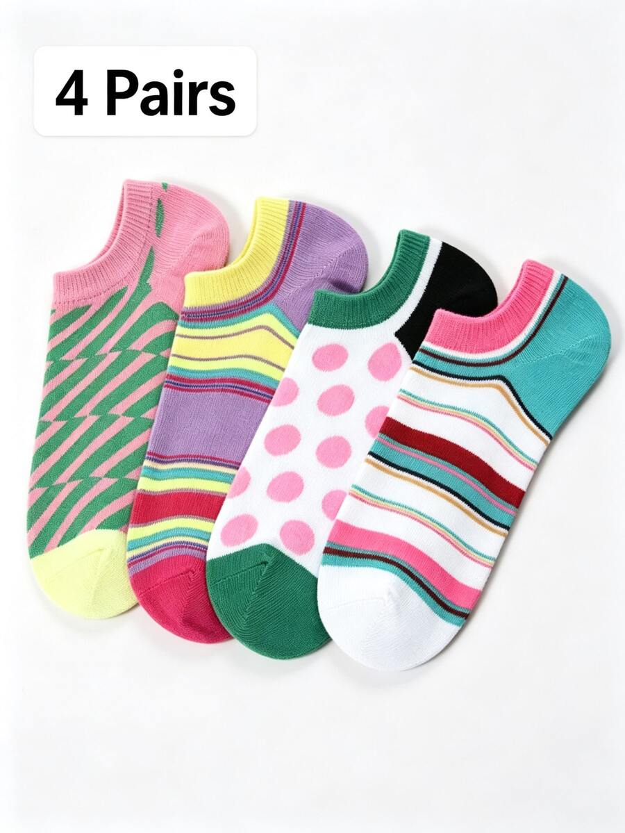 4 Pairs Women's Colorful Polka Dot Striped Invisible Socks, Rainbow ...