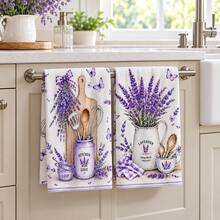 2pcs Lavender Pattern Kitchen Towels, Provence Country Style Rectangular Hand Towels, Tea Towels, Dish Cloths, Suitable For Kitchen Cleaning, Home Decor And Housewarming Gifts - Multicolor - View 5