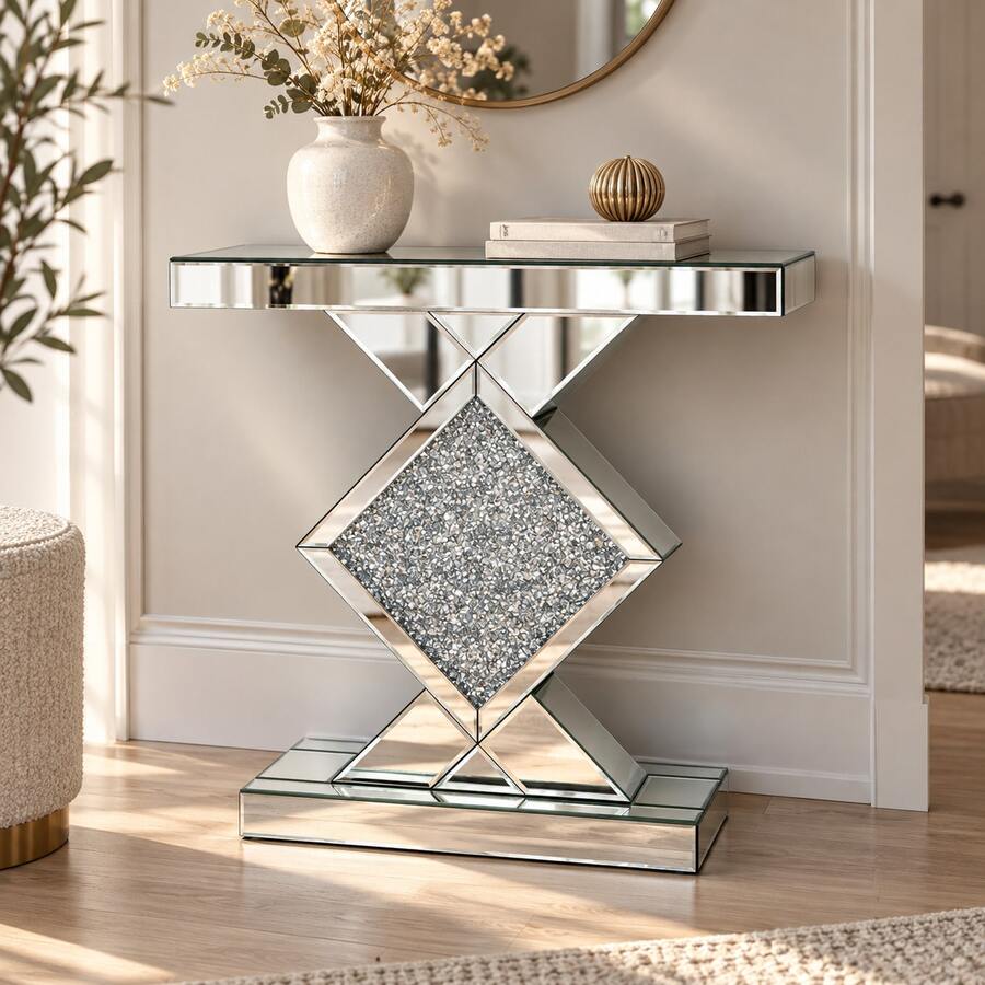 Mirrored Console Table Silver 80 Cm, Slim Hallway Table With Geometric Diamond Design And Glass Stone Decor For Living Room And Hallway - Silver - View 1