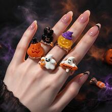5pcs Halloween 3D Pumpkin Ghost Cartoon Funny Open Adjustable Metal Ring Set, Suitable For Halloween Party, Holiday, Gift And Daily Wear - Gold - View 1