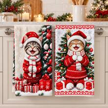 2pcs Cartoon Christmas Cat Pattern Kitchen Towels, Rectangular Hand Towels, Tea Towels, Dish Cloths, Suitable For Kitchen Cleaning, Home Baking, Christmas Party, Winter Holiday Home Decor And Christmas Gifts - Multicolor - View 1