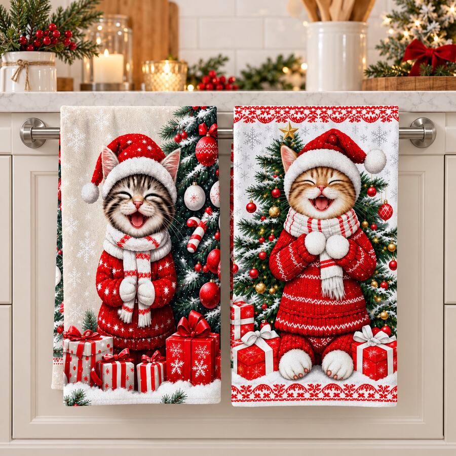2pcs Cartoon Christmas Cat Pattern Kitchen Towels, Rectangular Hand Towels, Tea Towels, Dish Cloths, Suitable For Kitchen Cleaning, Home Baking, Christmas Party, Winter Holiday Home Decor And Christmas Gifts - Multicolor - View 1