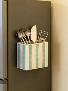 1PC Vintage Hand-Painted Striped Magnetic Storage Box, Refrigerator Side Adsorption Shelf, No-Drill Wall-Mounted Kitchen Knife Fork Spoon Holder, Home Refrigerator Magnetic Storage Box - Multicolor - View 4