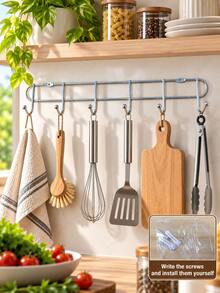 2pcs Kitchen Wall Hooks & Hanging Rod, Kitchen Utensil Storage Rack, Drill-In Or Adhesive Installation (No Drilling Required), Includes Mounting Accessories, Suitable For Storing Spatulas, Ladles, Whisks, Towels And Cookware - Multicolor - View 12