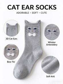 5 Pairs Cat Face Mid-Calf Socks, 3D Cat Ear Design Cute Novelty Socks - Multicolor - View 5