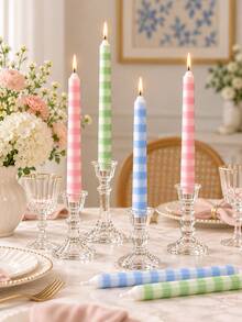 2pcs Macaron Color Palette Pastel Plaid Tapered Candles, Pink Blue Green Color Scheme Long Stem Design, Suitable For Wedding Table Decor, Home Decor, Romantic Candlelight Dinner, Wedding Favors, Restaurant Centerpiece Decor, Housewarming Gift, Women's Gift - Multiple Styles - View 5