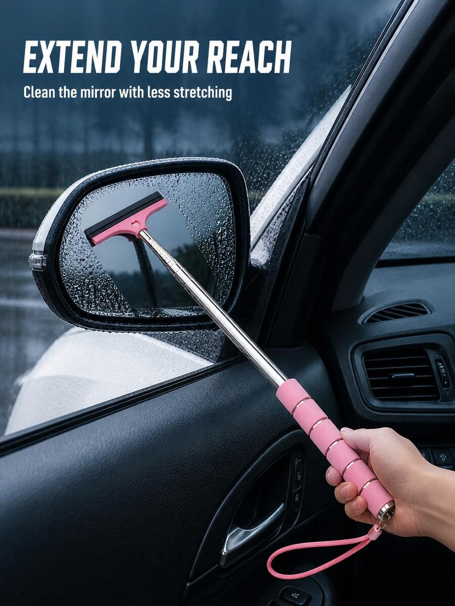 Car Rearview Mirror Wiper, Retractable Stainless Steel Window Squeegee With Soft Rubber Blade, Compact Water Removal Cleaning Tool With Hanging Rope, Suitable For Rainy Day Driving, Fits Sedans, SUVs And Trucks - Multicolor - View 1
