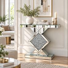 Mirrored Console Table Silver 80 Cm, Slim Hallway Table With Geometric Diamond Design And Glass Stone Decor For Living Room And Hallway - Silver - View 3