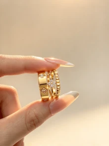 18K Gold Plated Stackable Ring Set For Women, Clover & Four-Prong Zirconia & Pyramid Textured Band Rings, Multi Layer Finger Rings Jewelry Gift - Gold - View 2
