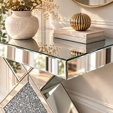 Mirrored Console Table Silver 80 Cm, Slim Hallway Table With Geometric Diamond Design And Glass Stone Decor For Living Room And Hallway - Silver - View 4