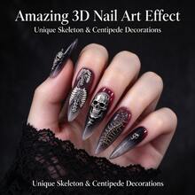 3D Gothic Skull Centipede Nail Art Silicone Mold, Reusable DIY Nail Template, Suitable For Gel Polish, Acrylic Powder, Resin, Halloween Dark Bone Ribs Nail Decoration, Nail Salon Home Handmade - Clear - View 3