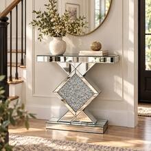 Mirrored Console Table Silver 80 Cm, Slim Hallway Table With Geometric Diamond Design And Glass Stone Decor For Living Room And Hallway - Silver - View 7