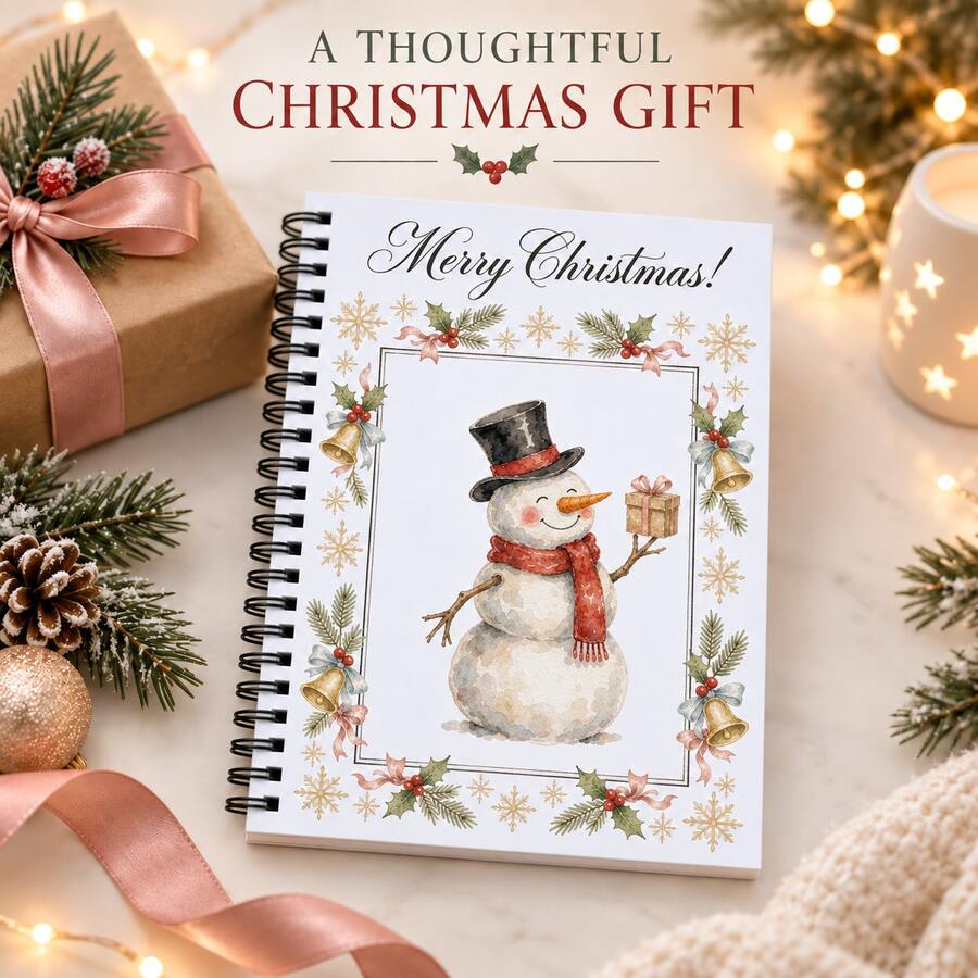 1pc Christmas Snowman Gift Theme A5 Spiral Notebook, 60 Lined Pages, Santa Hat Scarf Snowman And Holly Bell Cover, Suitable For Study, Office, Holiday Recording And Christmas Gift - A5 lined - View 1