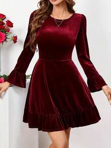 Elegant Velvet A-Line Mini Dress, Ruffle Hem, Long Sleeve, Round Neck, Suitable For Party Occasions - Burgundy - View 8