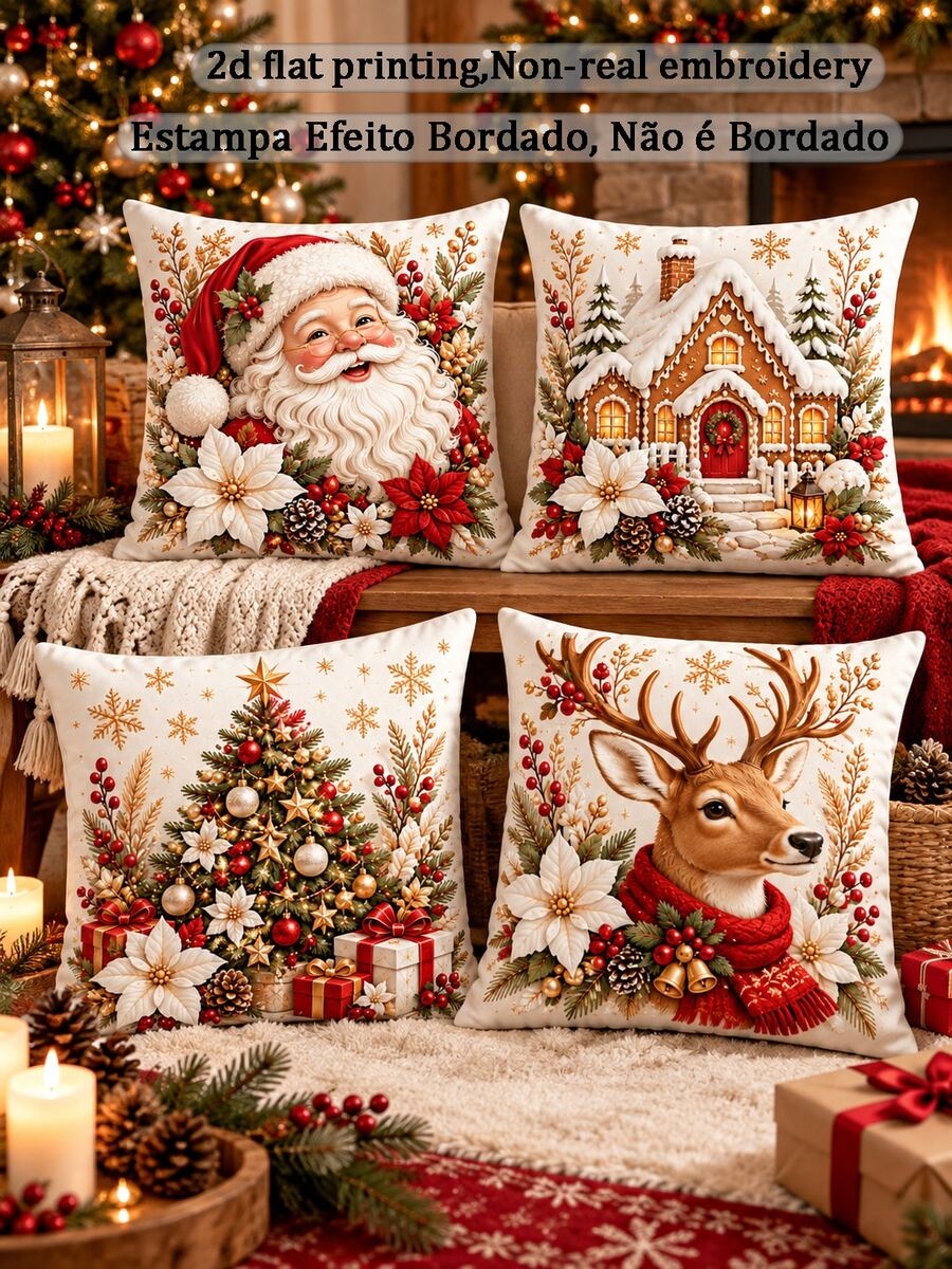 Set 4 Sarung Bantal Natal, Rumah Kue Jahe Santa Claus, Pohon Natal & Rusa Kutub, Sarung Bantal Dekoratif, Sarung Bantal Sofa Liburan, Cocok Untuk Ruang Tamu dan Kamar Tidur, Desain Resleting Tersembunyi, Isian Bantal Tidak Termasuk - MultiWarna - View 1