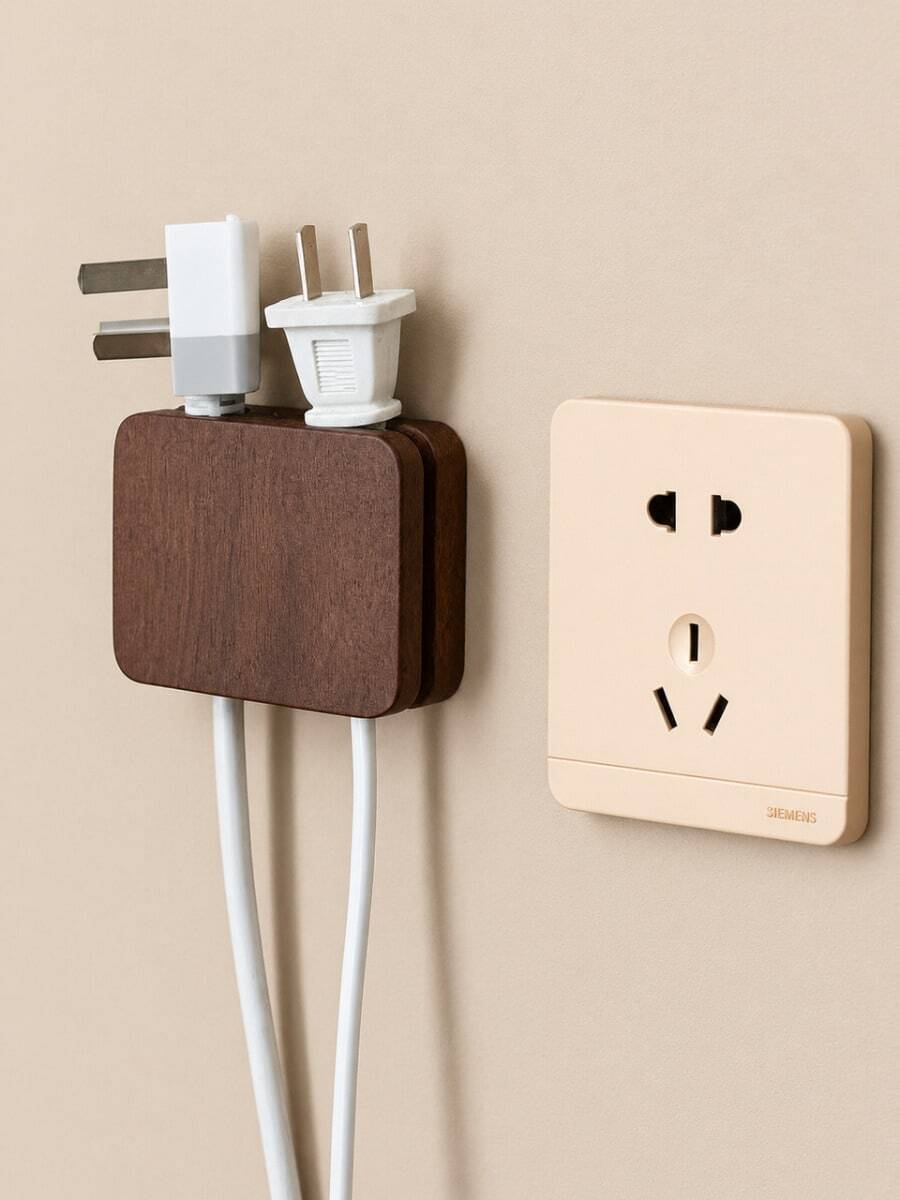 1pc Solid Wood Plug Storage Hook, Black Walnut No-Drill Power Cord Organizer, Wall-Mounted Socket Plug Organizer, Home Kitchen Bathroom Cable Management Decor - View 1