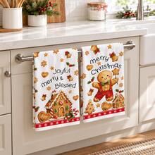 2pcs Gingerbread Man And Gingerbread House Pattern Christmas Kitchen Towels, Rectangular Hand Towels, Tea Towels, Dish Cloths, Suitable For Kitchen Cleaning, Home Baking, Christmas Party, Winter Holiday Home Decor And Christmas Gifts - Multicolor - View 4