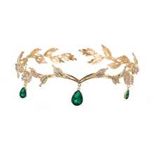 1pc Gold Rhinestone Crown Forest Style Water Drop Forehead Ornament Princess Birthday Wedding Headpiece - Green - View 5