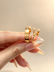 18K Gold Plated Stackable Ring Set For Women, Clover & Four-Prong Zirconia & Pyramid Textured Band Rings, Multi Layer Finger Rings Jewelry Gift - Gold - View 5