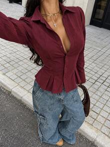 Women's Elegant Burgundy Peplum Blouse, Button Front Collared Long Sleeve Top, Cinched Waist Flared Cuff Shirt For Fall Work And Date Night. - Burgundy - View 4