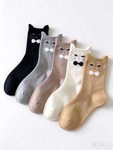 5 Pairs Cat Face Mid-Calf Socks, 3D Cat Ear Design Cute Novelty Socks - Multicolor - View 2