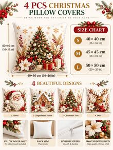 Set 4 Sarung Bantal Natal, Rumah Kue Jahe Santa Claus, Pohon Natal & Rusa Kutub, Sarung Bantal Dekoratif, Sarung Bantal Sofa Liburan, Cocok Untuk Ruang Tamu dan Kamar Tidur, Desain Resleting Tersembunyi, Isian Bantal Tidak Termasuk - MultiWarna - View 2